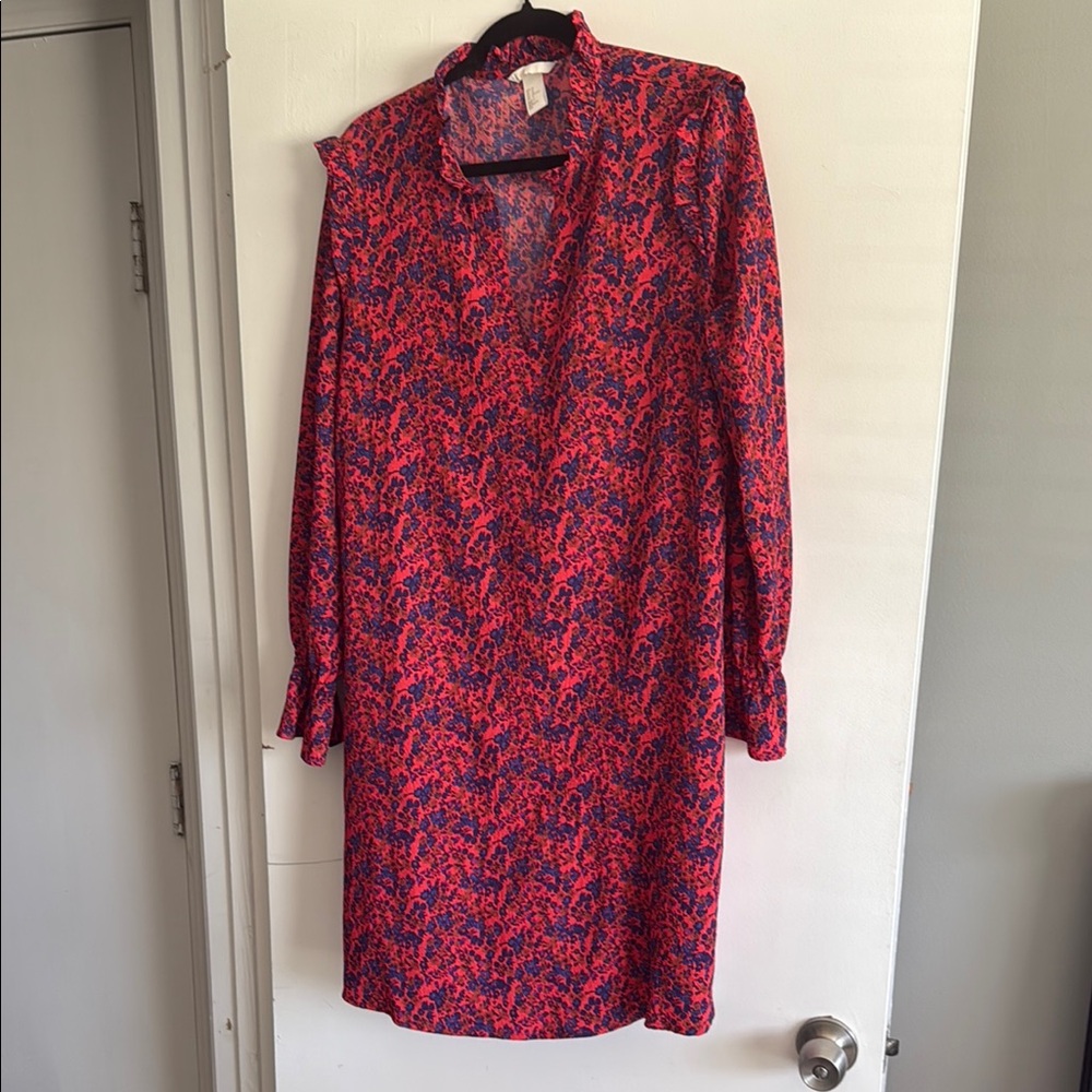 H&M Red and Blue Bishop Sleeve Dress